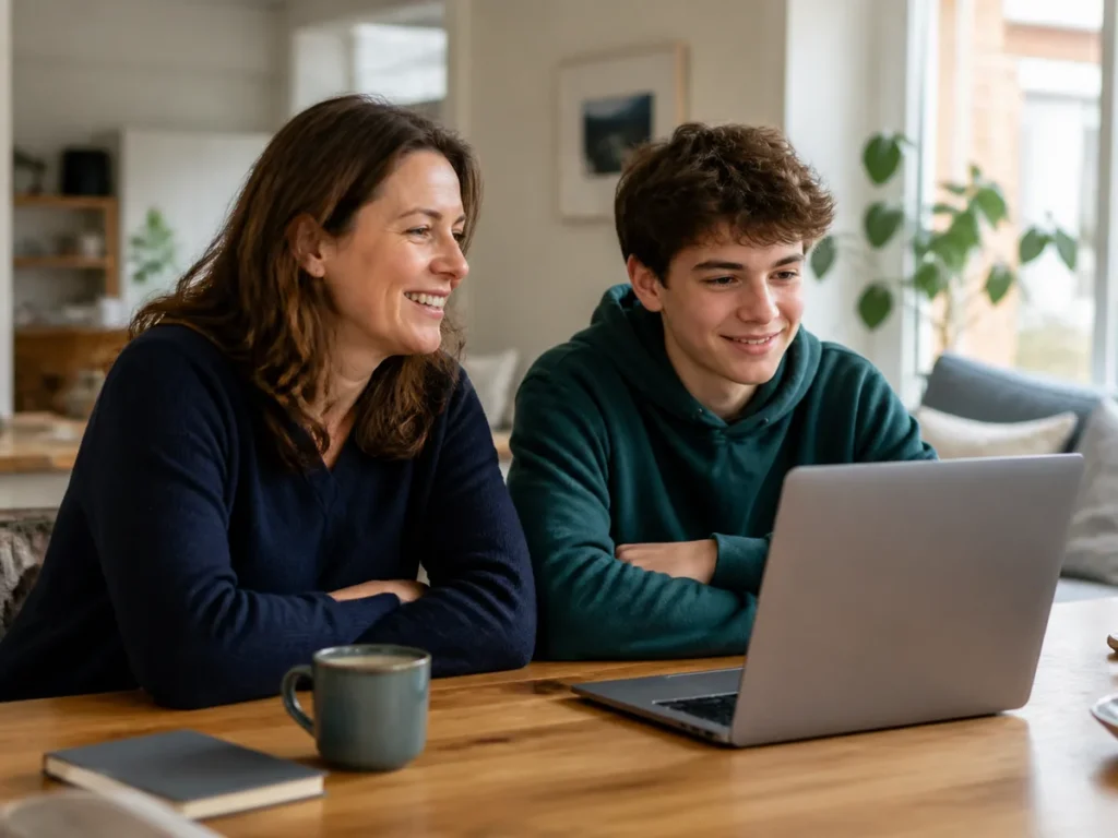 Parent and teenager attending an online family support session