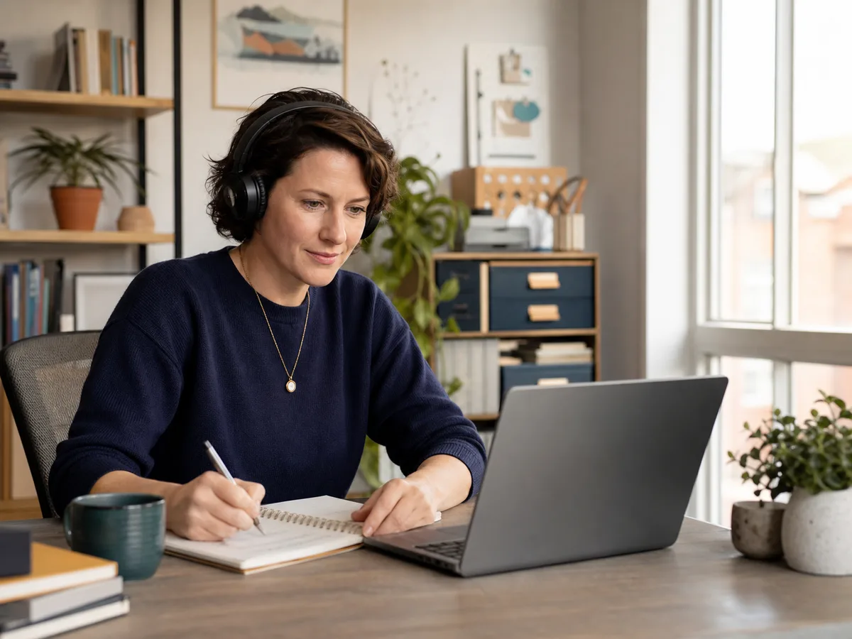 Professional taking part in online workplace coaching from a home office