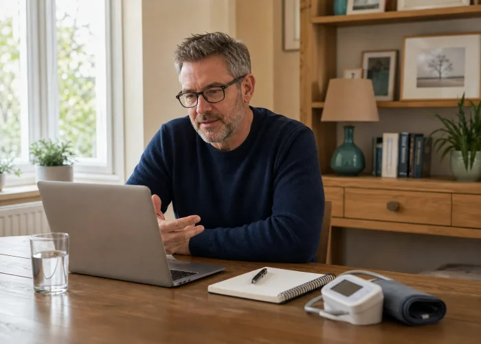Adult attending an online ADHD treatment monitoring appointment with home blood-pressure equipment nearby