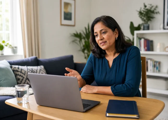 Adult participating in a calm online psychiatric assessment from home