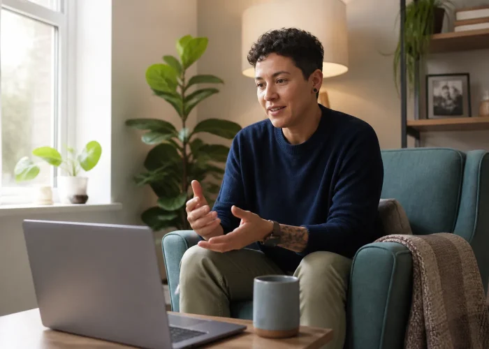 Adult engaged in a supportive online therapy conversation from home