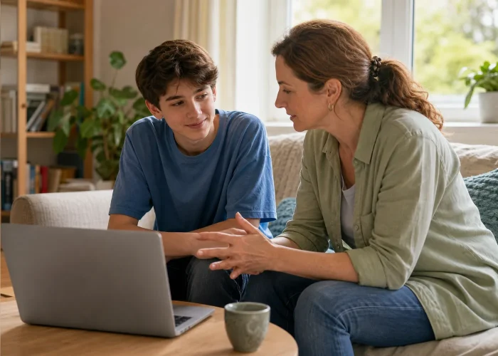 Parent and teenager taking part in a collaborative online autism support conversation
