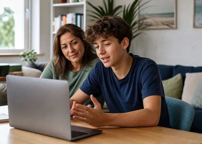 Teenager taking part in an online psychiatric assessment with a parent nearby
