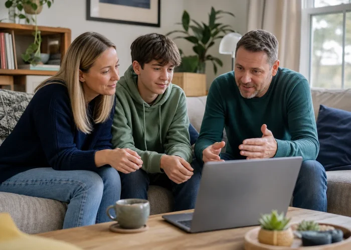 Family taking part together in a calm online systemic therapy conversation