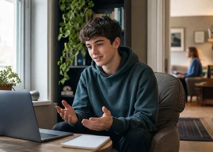 Teenager attending a supportive online therapy session from home