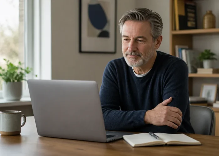 Adult attending an online psychiatric consultation from home