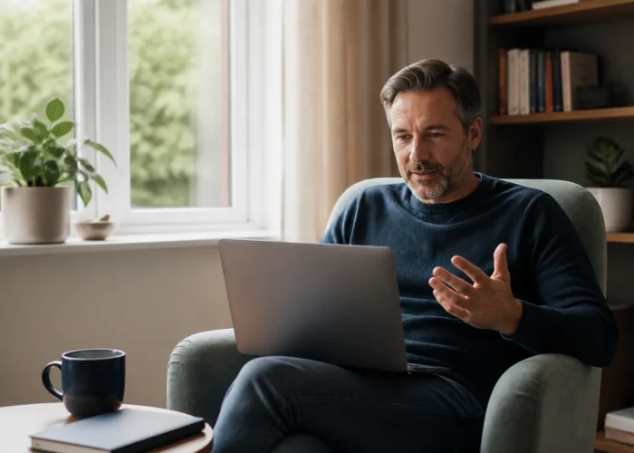 Adult taking part in an online therapy session from home