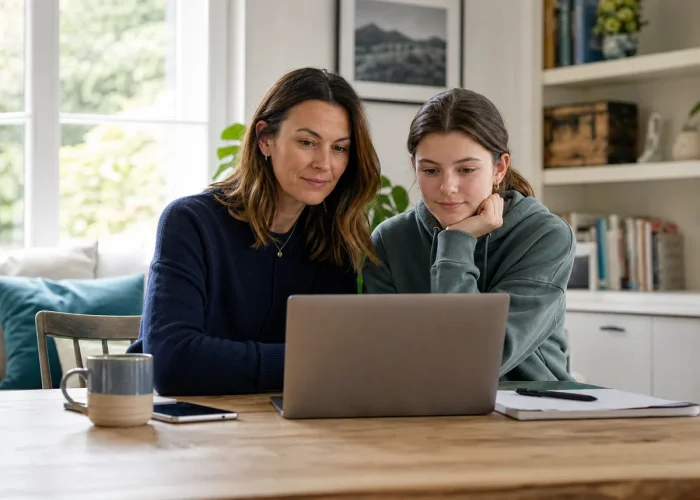 Parent and teenager attending an online psychiatric assessment