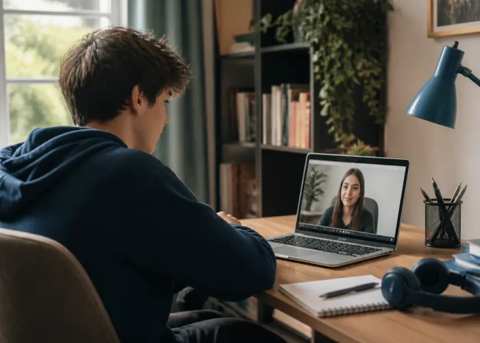 Teenager attending an online therapy session from home
