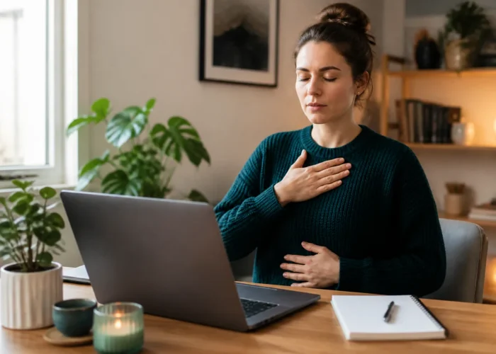 Adult practising a grounding exercise during an online therapy session