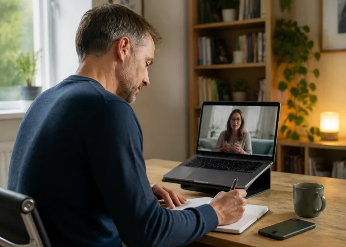 Adult completing a structured exercise during an online CBT session