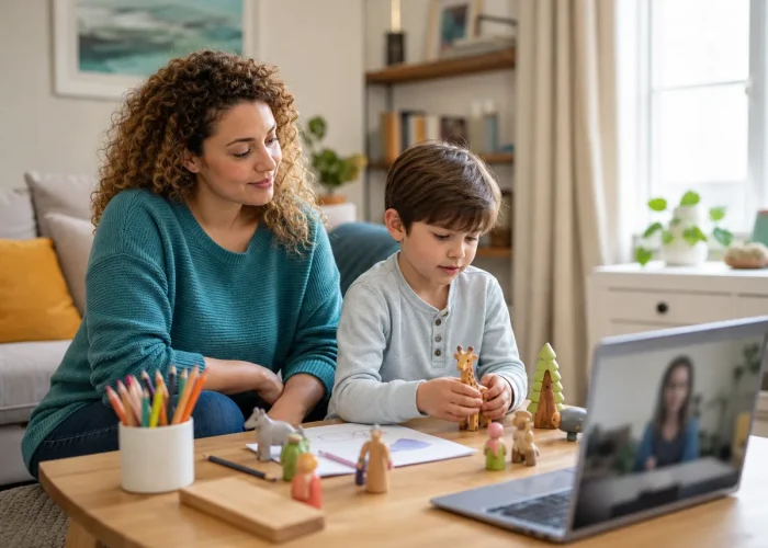 Child using figures during an online play therapy session with a parent nearby