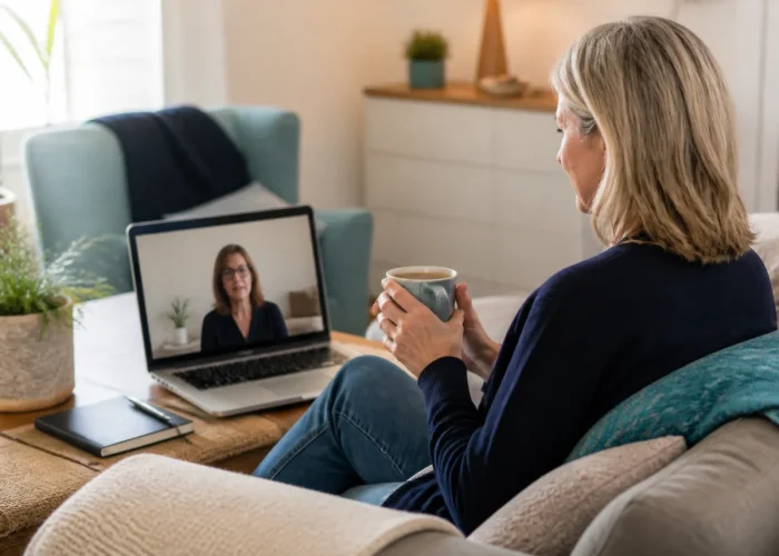 Adult attending a calm online trauma-informed therapy session