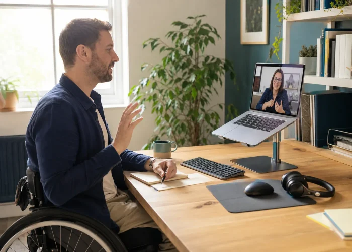Professional using an adapted workstation during a remote workplace support conversation